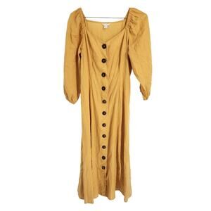 C Est 1946 Yellow Puff Sleeve Linen Blend Dress - XS